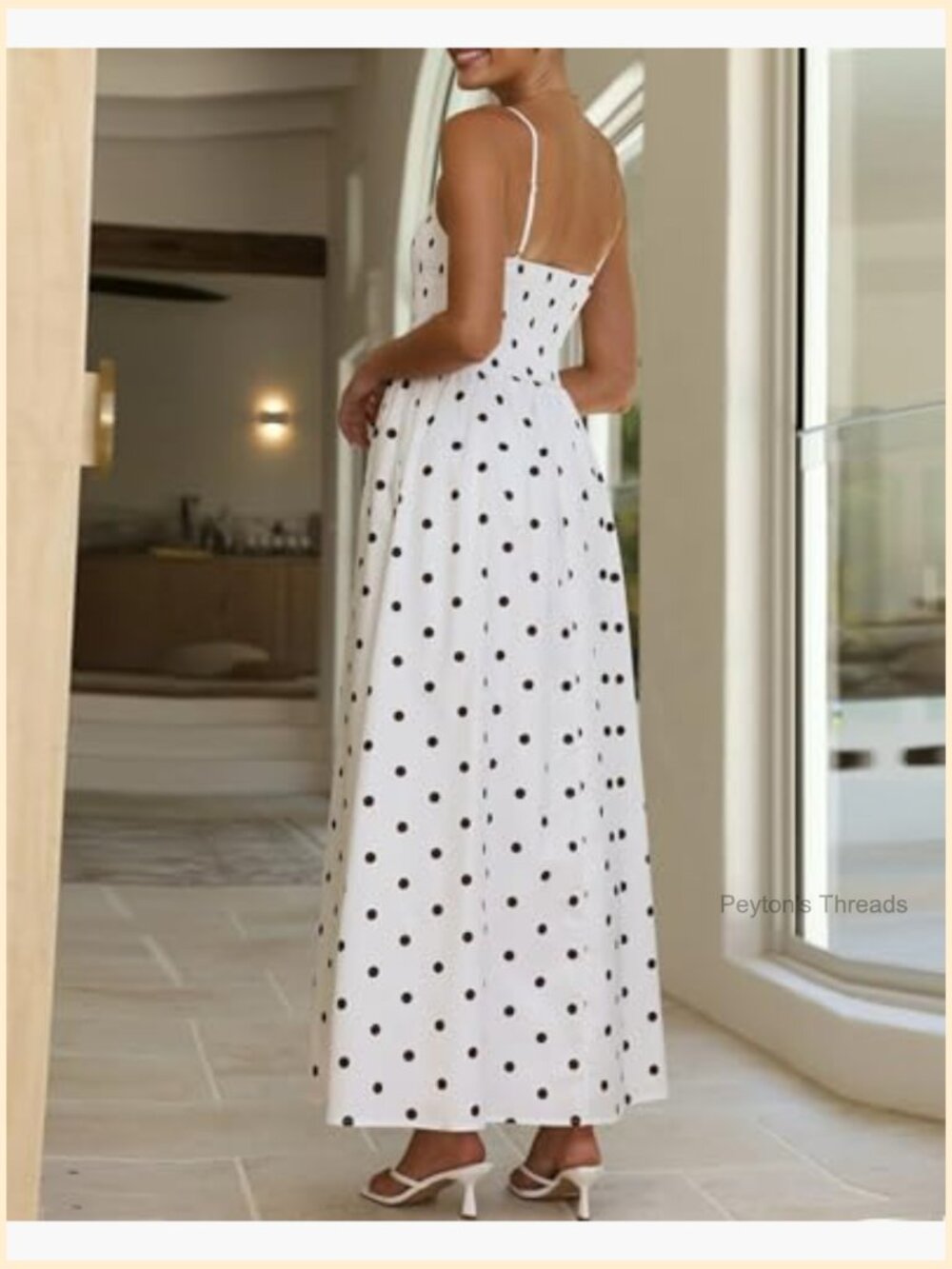 Smocked High Waisted Polka Dot Maxi Dress Spaghetti Strap Flowy Swing Beach - Picture 6 of 6